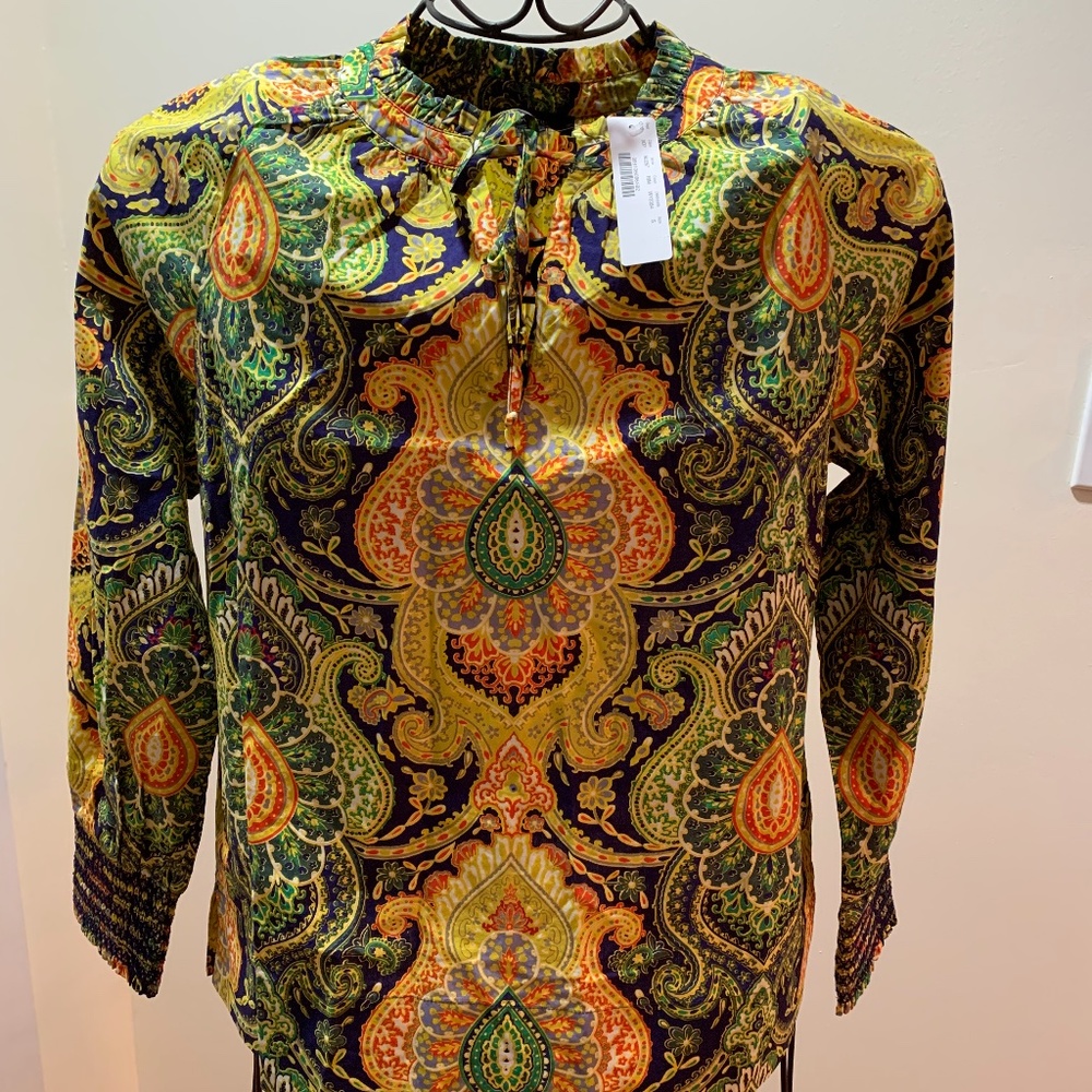 J. Crew Smocked-cuff popover top in paisley. NWT